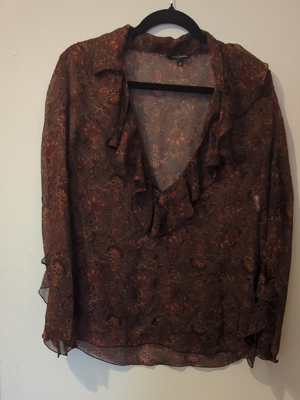 Brown Floral Ruffle V-Neck Blouse Size S/M